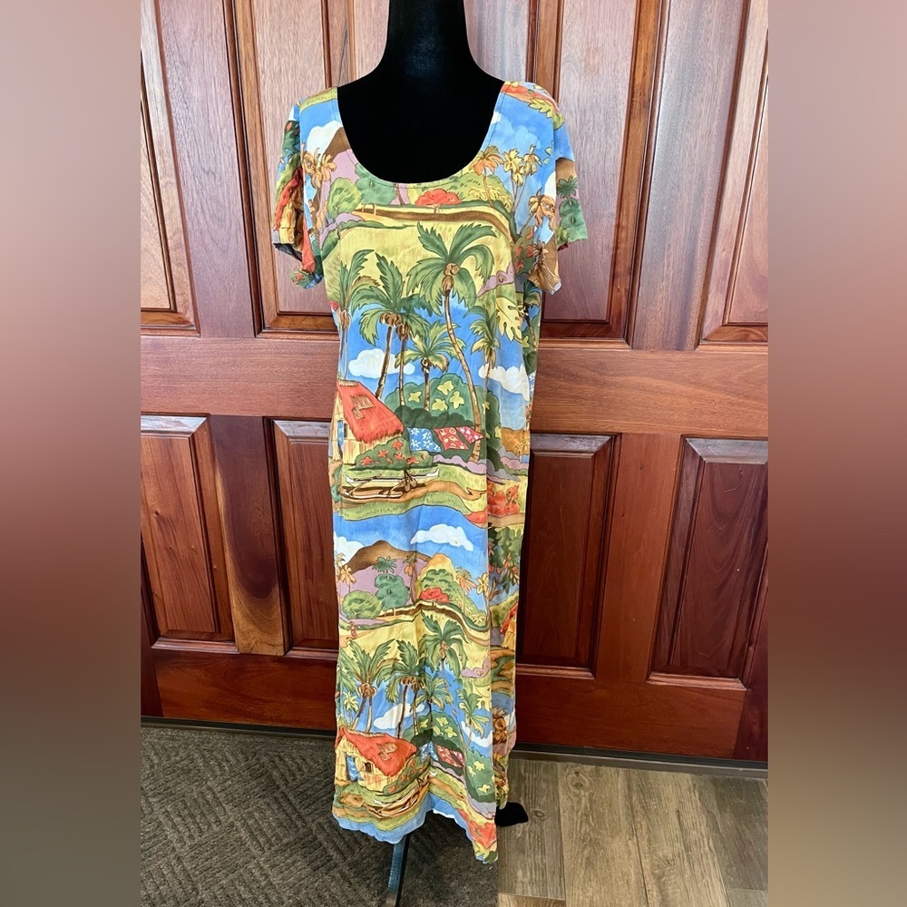 Kahala Women Vintage 90s Y2K Hawaiian Maxi Dress Large Palm Tree Beach Tropical